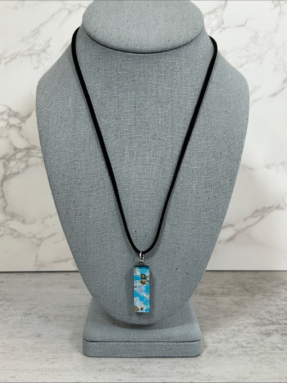 Murano Blue Aqua Glass Pendant Necklace - Black Cord